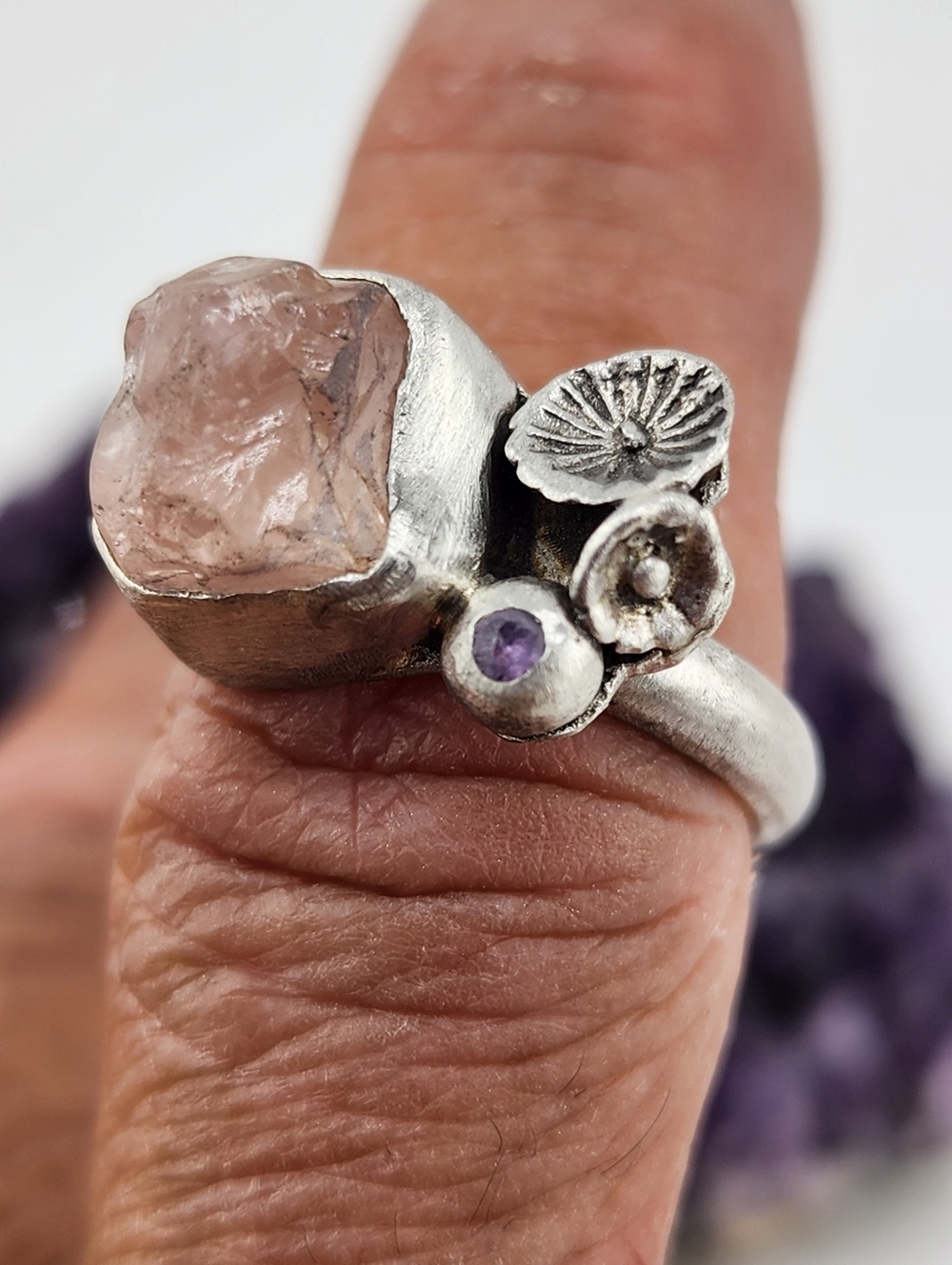 ROSE QUARTZ & AMETHYST FLOWER RING HANDMADE IN STERLING SILVER 7.5